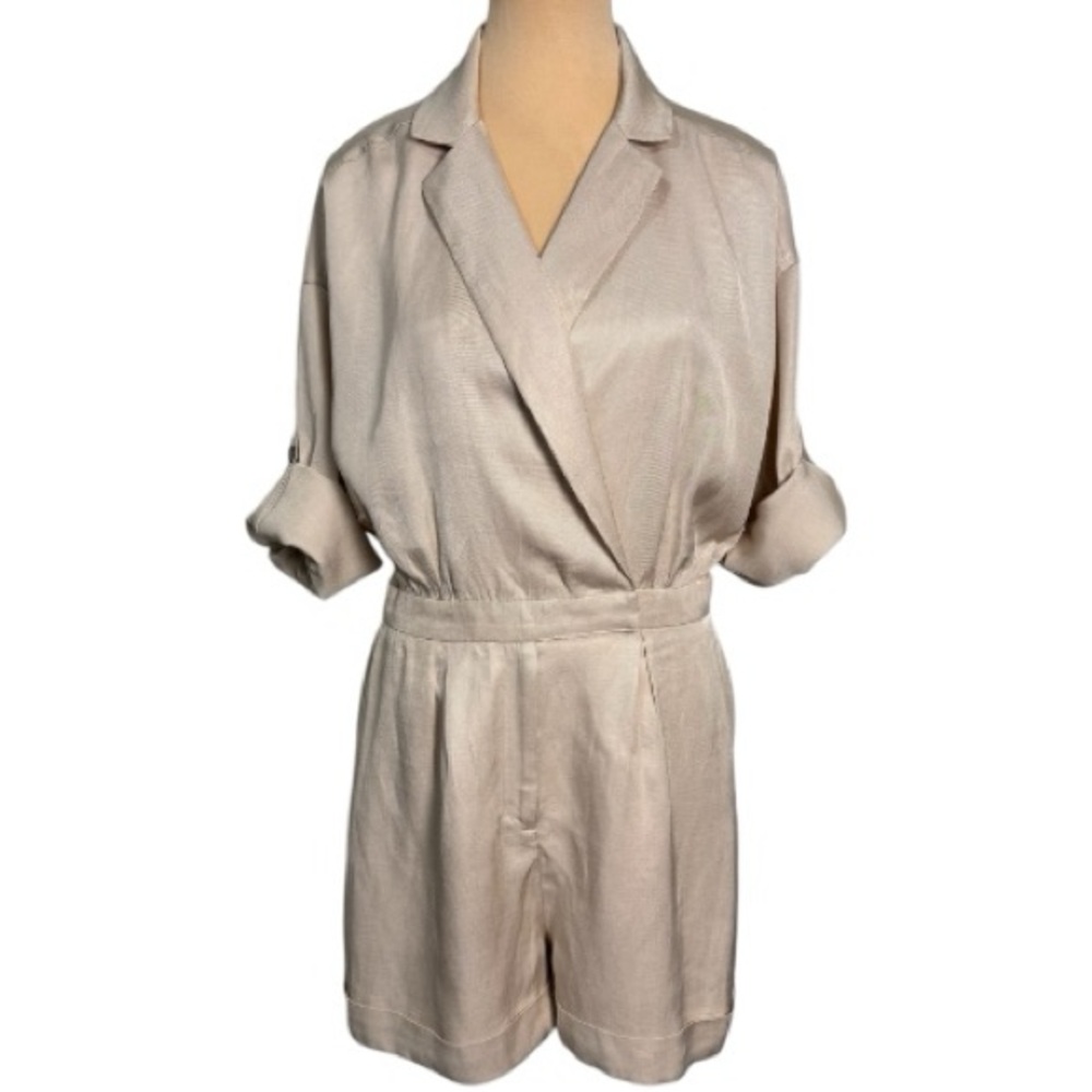 Express Champagne Collared Romper Pleated Cuffed Shorts Roll Tab Sleeve M NWT